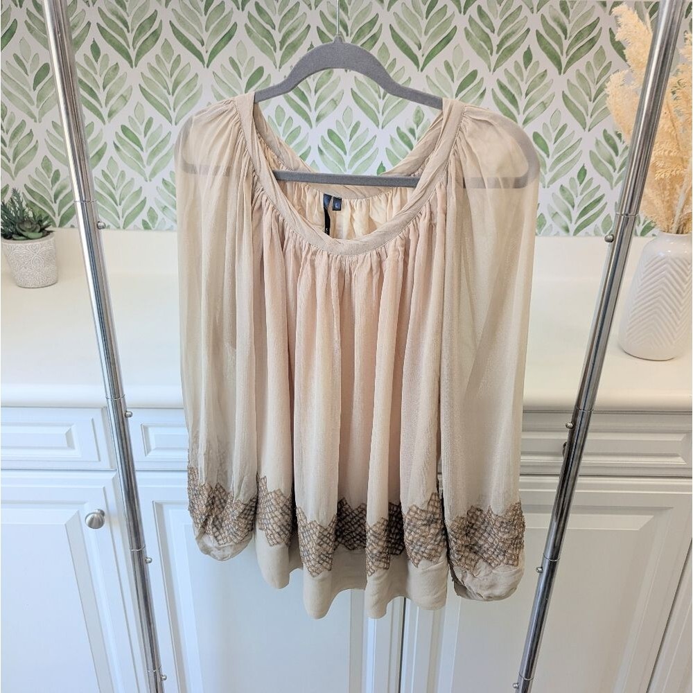 Light Beige Crochet-Hem Peasant Blouse - Picture 3 of 9